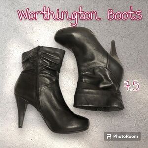 Booties Worthington Heeled Boots Black Leather Side Zip Round Toe Size 7.5